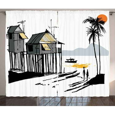 Ambesonne Coastal Curtains 2 Panel Set, Fishing Village Malay, 108" x 90", Black Grey Orange