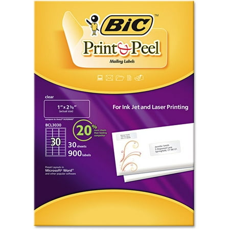 BIC Print and Peel Mailing Labels, 1" X 2 5/8", Clear, 30 labels per Sheet, 60-Sheets