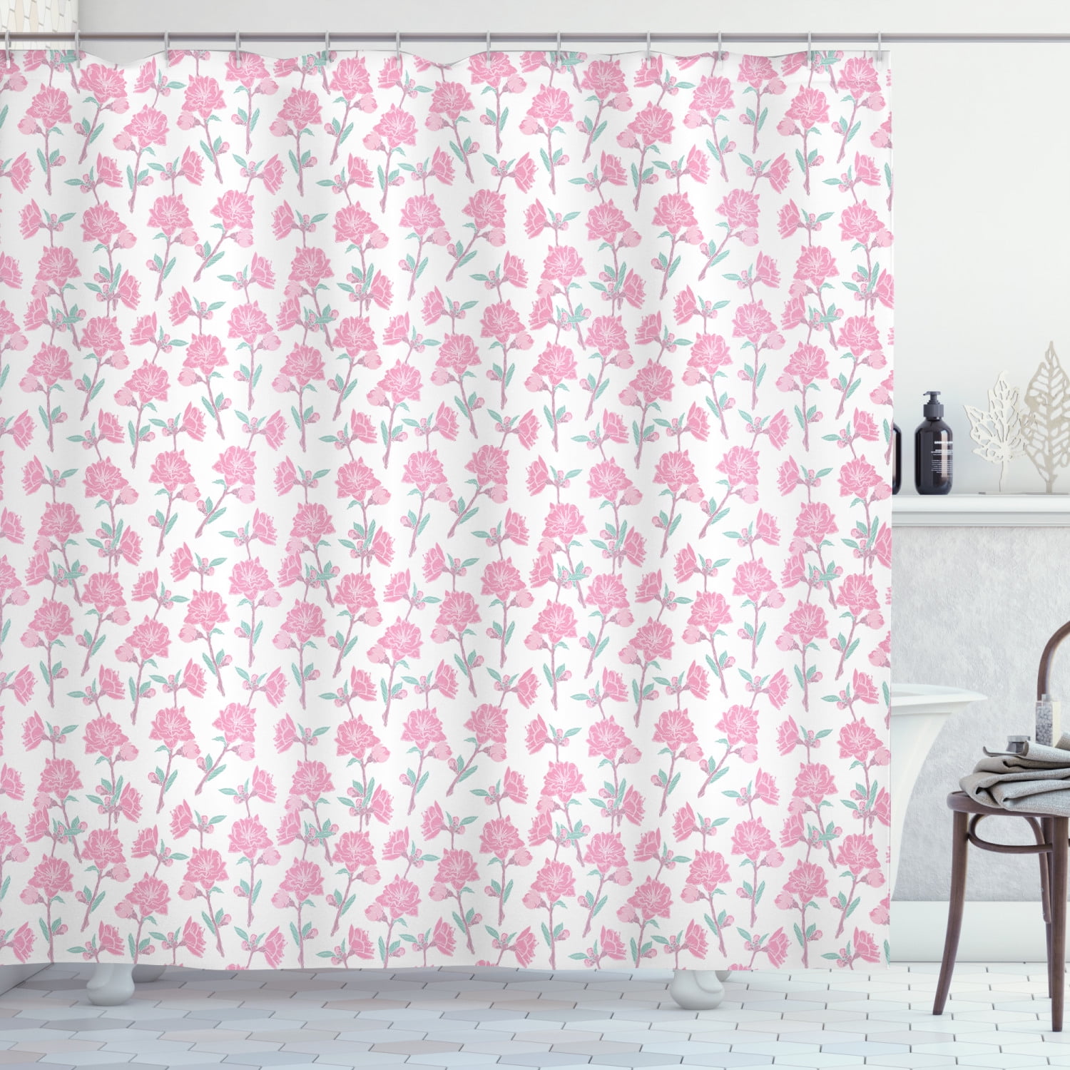 Rose Shower Curtain, Tender Spring Flourish with Little Buds Hand Drawn ...