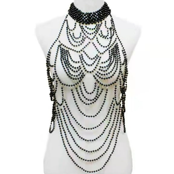 SIEYIO Womens Mutlilayered Pearl Body Chain Choker Necklace Harness Adjustable Bikini Body Jewelry Bib for Party Wedding