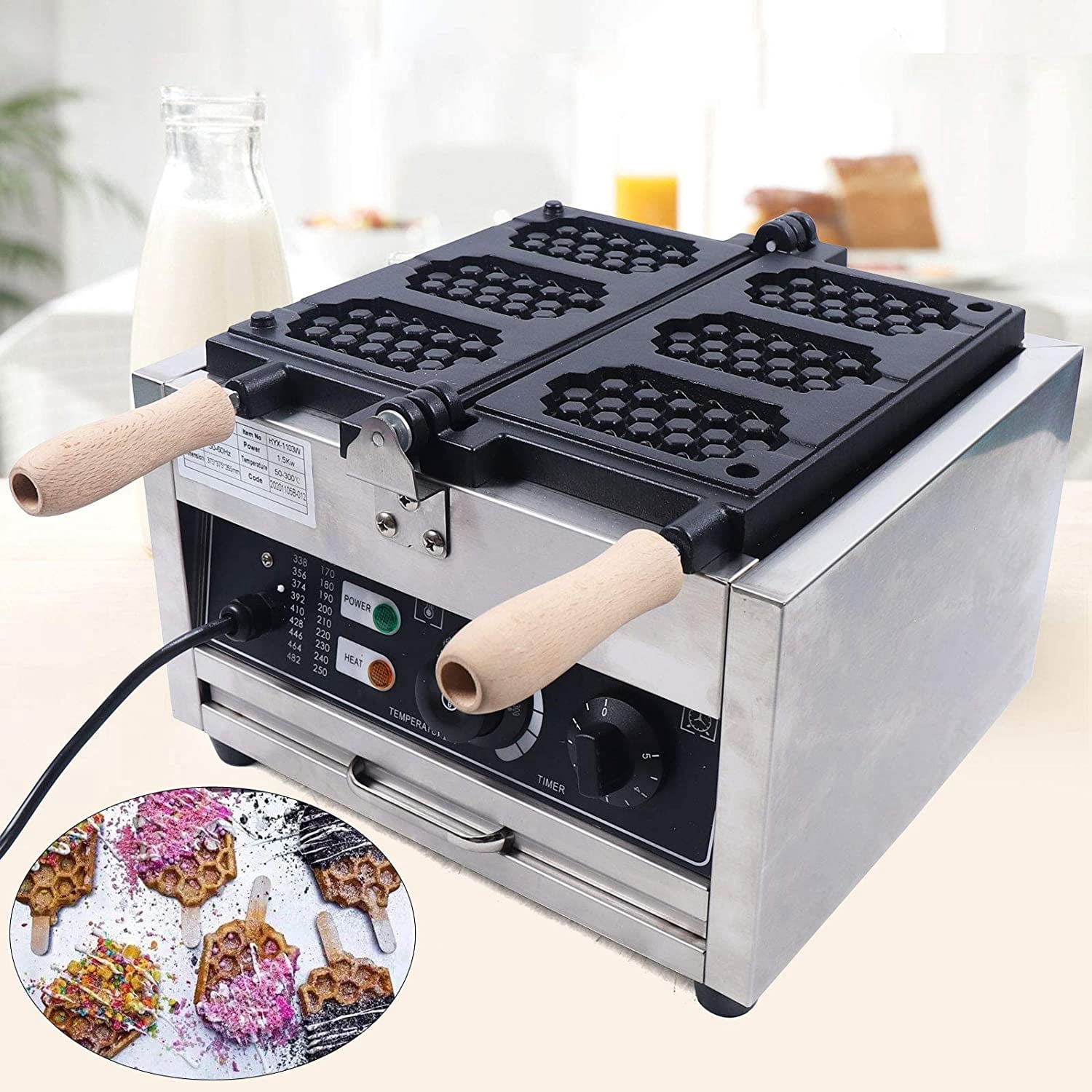 Fichiouy Commercial Waffle Cone Maker 3-hole Electric Rotating Baker Machine Nonstick Muffin Maker 1500W