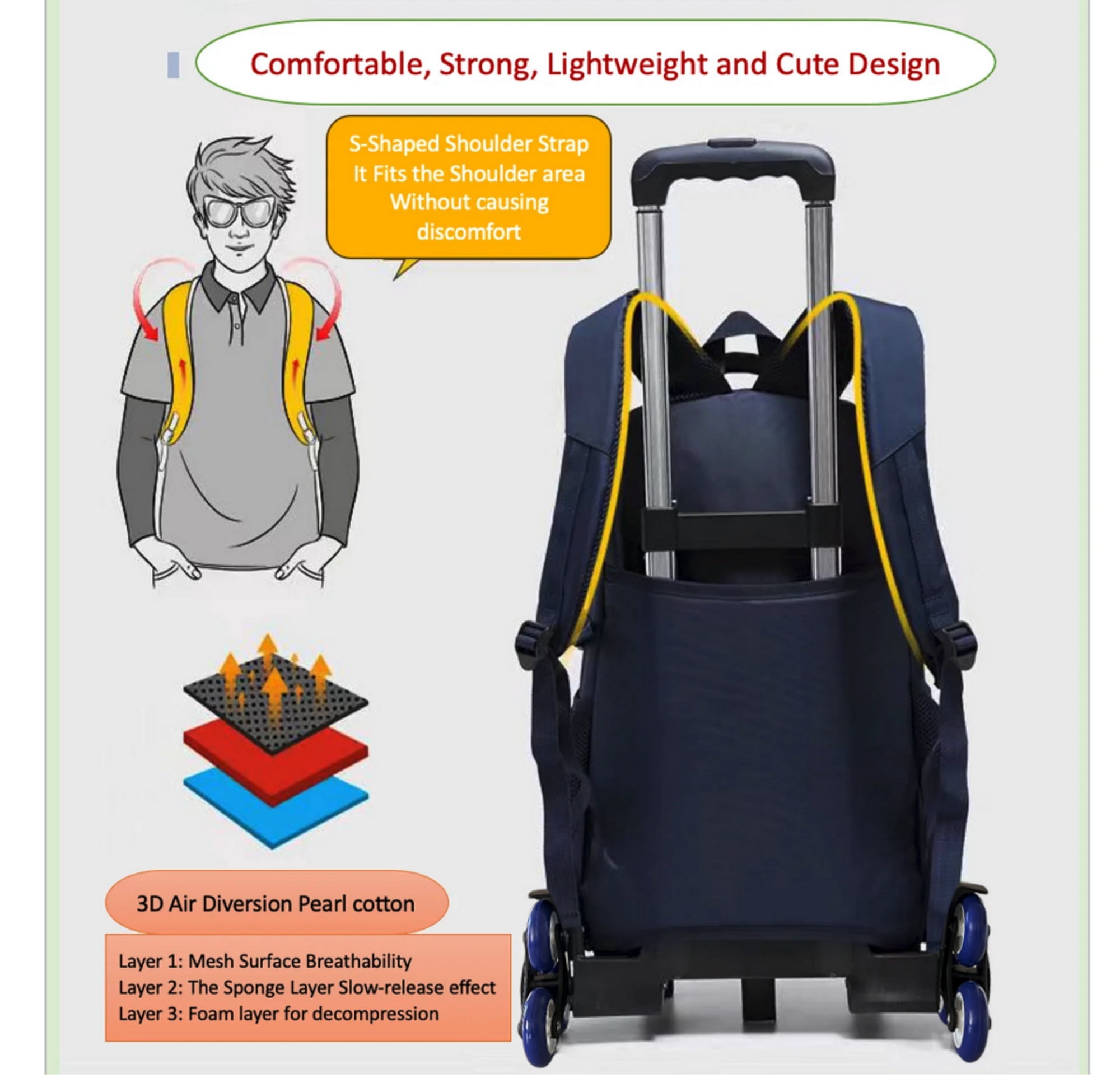 Wadan 6-Wheels Rolling Stylish School Bag Set 18-inch Shoulder Backpack with Lunch Bag & Pen Pouch - All in One-for Boys/Girls