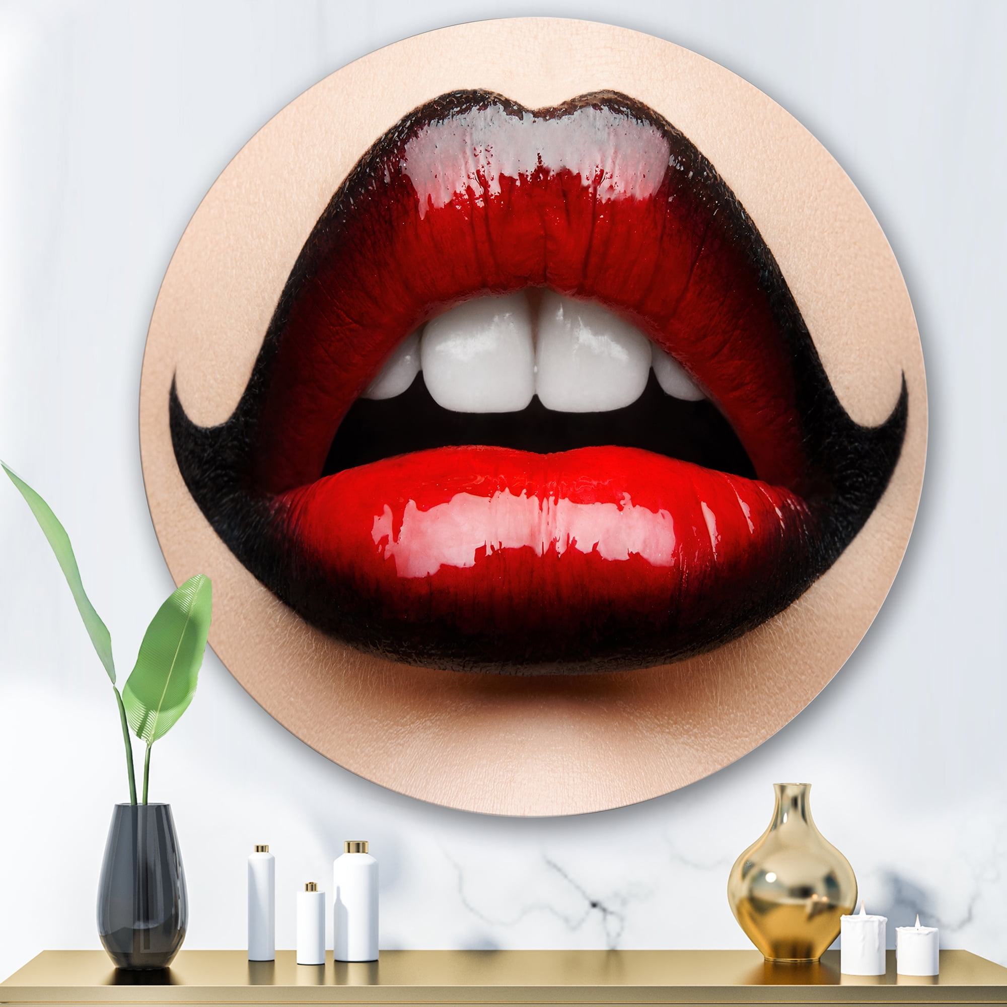 Designart 'Woman Lips With Red and Black Lipstick' Modern Circle Metal Wall Art 36x36 - Disc of 36