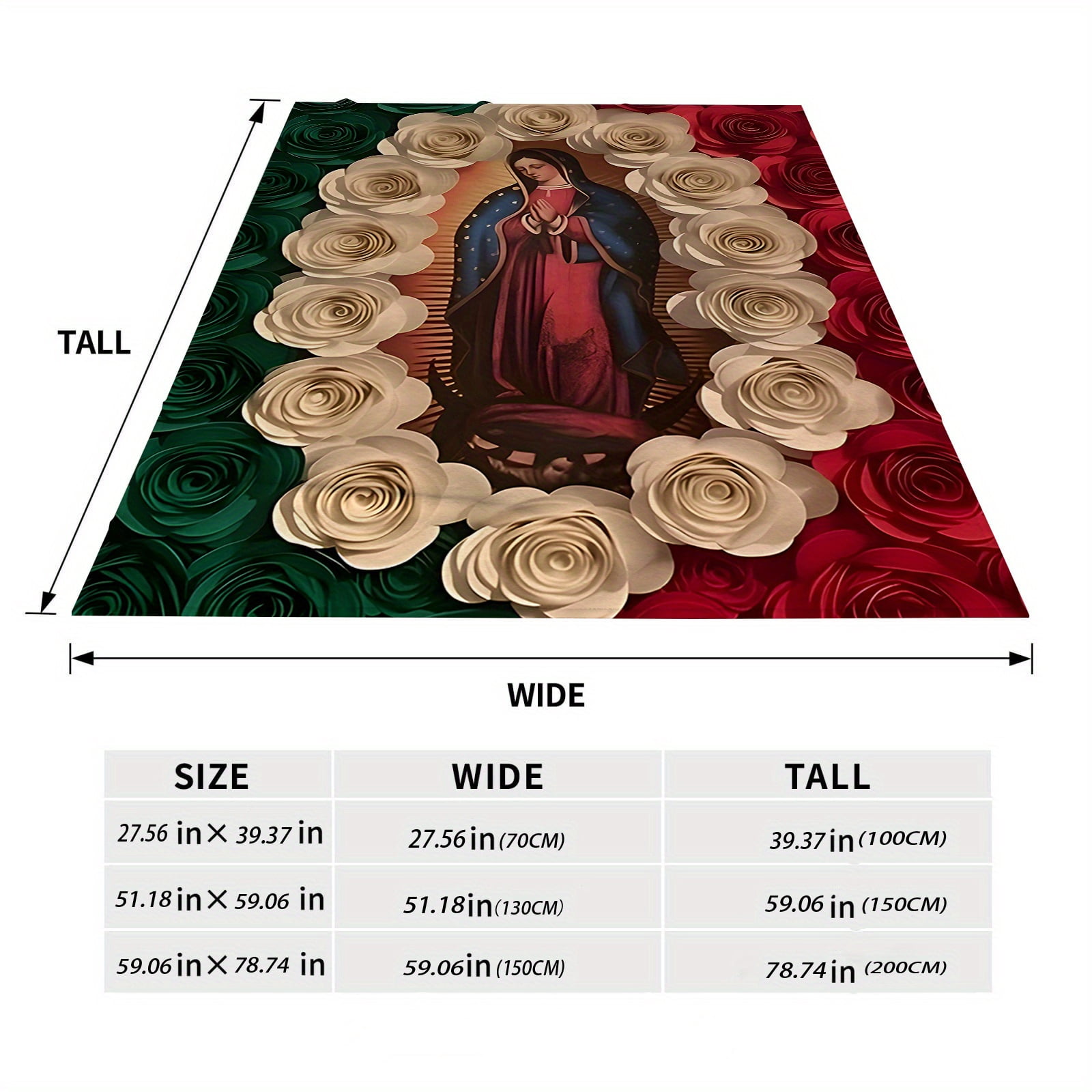 Virgin Mary Rose Blanket Soft Flannel Throw with Our Lady of Guadalupe Design Green & Red Roses Perfect for Sofa Bed Car Office Camping Travel All-Season Gift