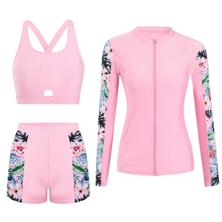 FEOYA Womens 3 Piece Rash Guard Swimsuits Long Sleeve Surfing Bathing Suit with Built-in Bra Sun Protection Swimwear Boyshorts Quick Dry Swim Shirt XL