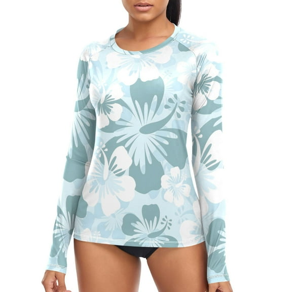joogoo Womens UPF 50  Sun Shirts Hibiscus with Blue and White Long Sleeve UV Protection Rash Guard Tops S
