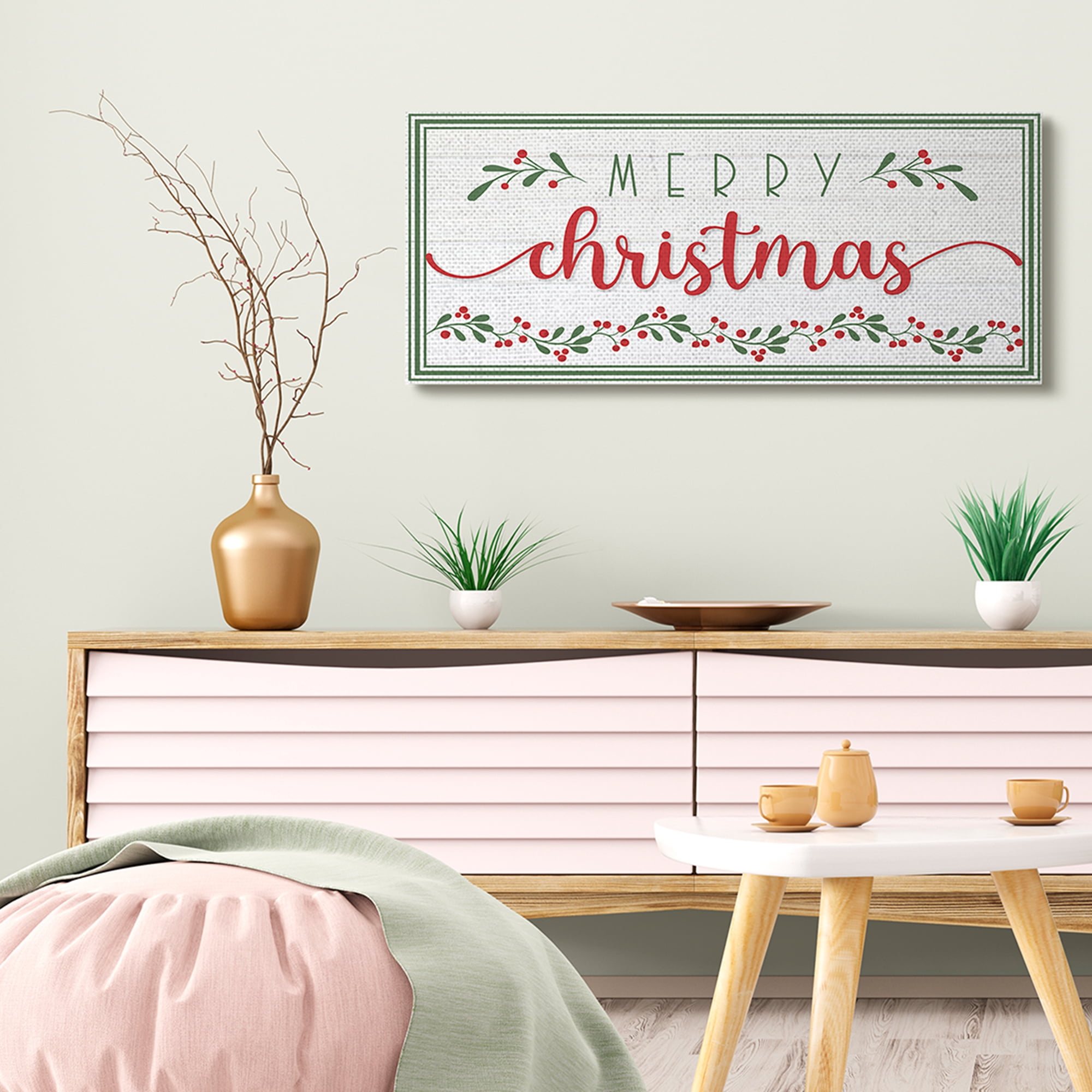 Stupell Industries Merry Christmas Phrase Festive Floral Holly Detail Canvas Wall Art, 17 x 40, Design by AE Design