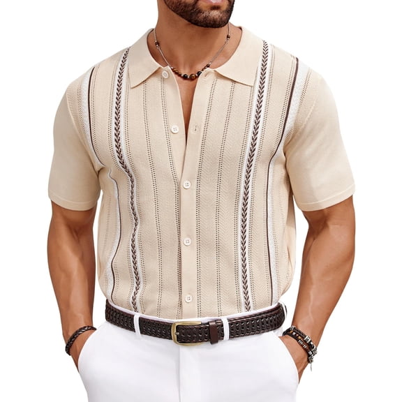 COOFANDY Mens Knit Button Down Shirt Casual Short Sleeve Button Up Shirts Polo Golf Beachwear Textured Shirts Spring Summer Cuban Clothes