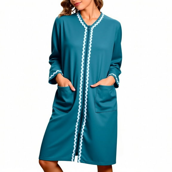 Aboser Women Zipper Robes Long Sleeve Knee Length Loungewear Soft Zip Front Housecoat Nightgown with Pockets Lightweight Casual Home Bathrobe Sleepwear