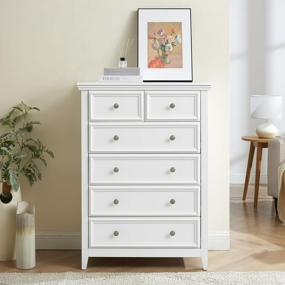 Modern 6 Drawer Dresser with Metal Knobs, Wide Dresser for Bedroom, Tall Chest of Drawers, Wooden Dresser Storage Organizer Cabinet for Entryway Living Room, White
