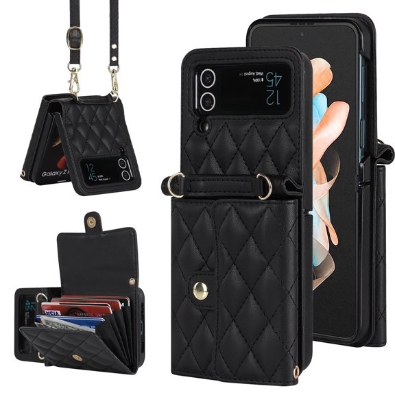 Crossbody leather wallet phone case suitable for Samsung Z flip3, lanyard and card Solt.