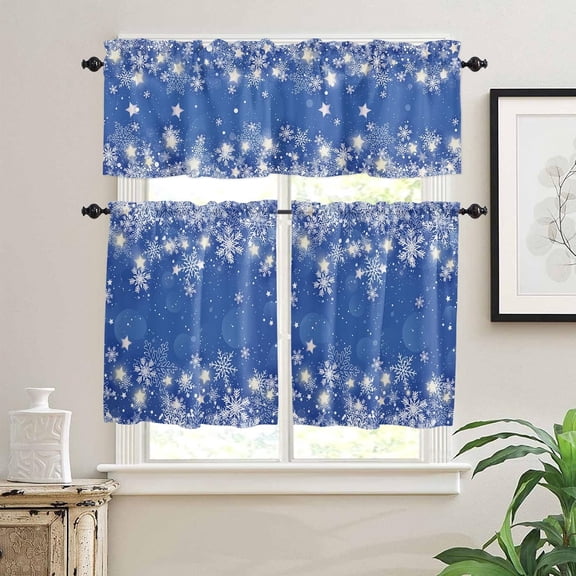 Kitchen Tier Curtains and Valance Set, Christmas Snowflake Blue Background Valance Curtain and Tiers Set for Living Room Cafe,Light Filtering Rod Pocket Window Curtain Set 3 Piece