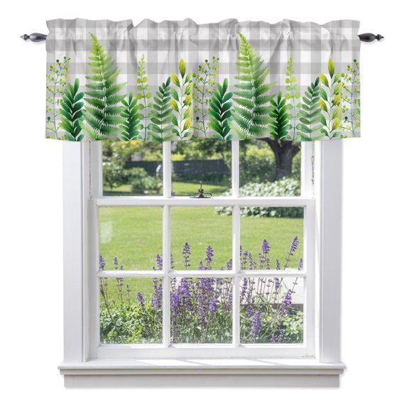 Ferns Leaf Valances for Windows, Spring Sage Green Leaves Gray Buffalo Plaid Valance Window Treatment Rod Pocket Short Curtains Valances for Kitchen Bathroom 42"W x 12"L