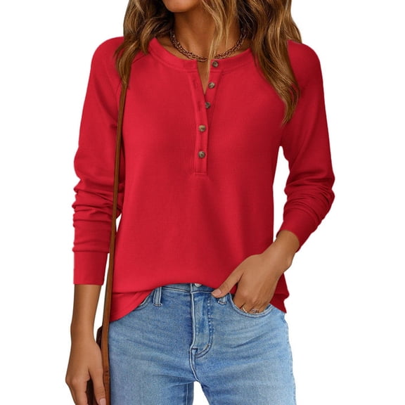 Women's Crew Neck Button Henley Waffle Knit Loose Long Sleeve Top Red S