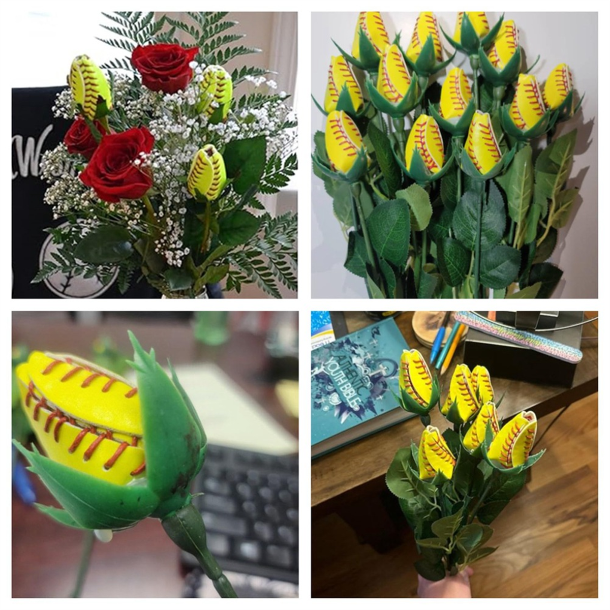 Softball Rose Sport Leather Rose Handmade Artificial Softball Flowers Gift for Softball Mom Fans Team Graduation,A