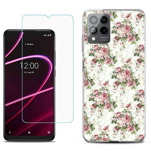 Slim-Fit Gel TPU Phone Case for T-Mobile Revvl 6 Pro 5G, with Tempered Glass Screen Protector, by OneToughShield ® - Floral/Rose