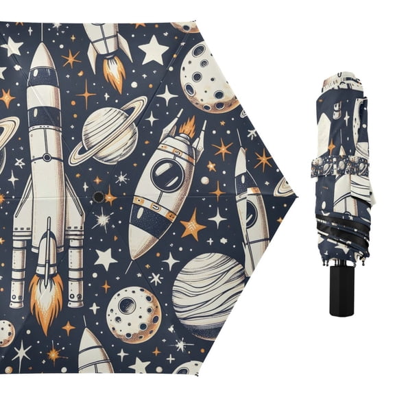 Rocket in Cosmos Space Compact Sun Umbrella Windproof Travel Umbrellas for Rain Strong Portable UV Protection