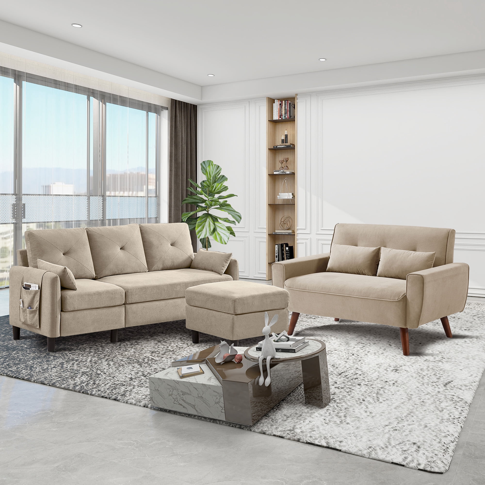 79" Convertible Sectional Sofa Set, Small L Shaped 3-Seat Couch with Reversible Chaise and Accent Chair, Modern Linen Sofas Couches for Living Room, Beige
