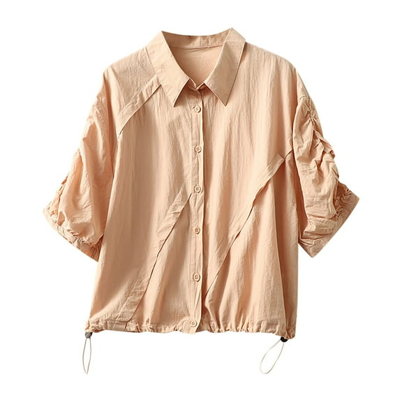 Mittory Linen Tshirts for Women Summer Fall 3/4 Dolman V Neck Sleeve Drawstring Basic Tee Shirt