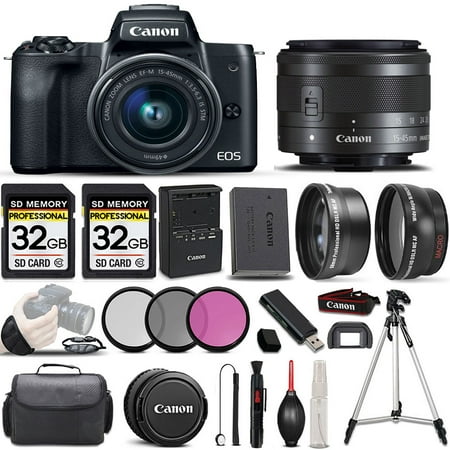 Canon EOS M50 II SLR Camera + Canon EF-M 15-45mm f/3.5-5.6 IS STM Lens + 0.43X Wide Angle Lens + 2.2x Telephoto Lens + 64GB Storage - All Original Accessories Included - International Version
