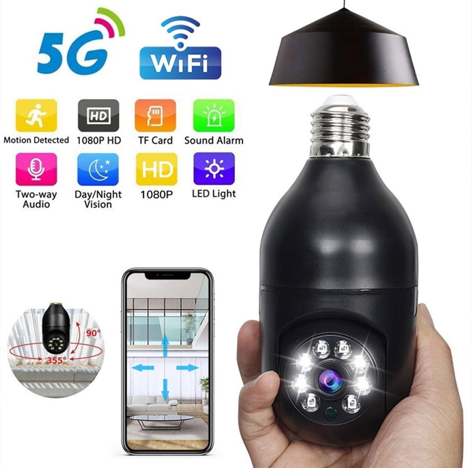 E27 Light Bulb Security Camera Wireless WiFi Outdoor Indoor 1080p 360