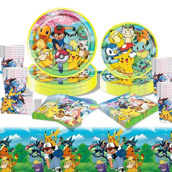 Kicpot 81 Pcs Pikachu Birthday Plates and Napkins Party Supplies, Pikachu Birthday Party Supplies and Decorations for kids Birthday Party, Serves 20 Guests