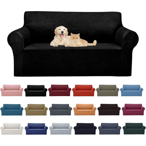 2026 New Stretch Loveseat Sofa Slipcovers Couch Cover for 2 Cushion Furniture Protector Sofa Covers with Elastic Bottom Jacquard Fabric Small Checks for Pets, Kids - Black
