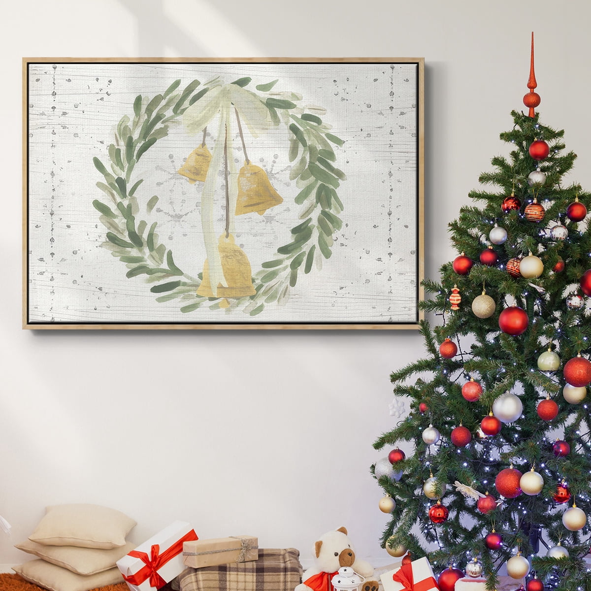 Weathered Aspen Wreath Collection A - Framed Gallery Wrapped Holiday Canvas - 17 x 25 - Natural Wood Frame
