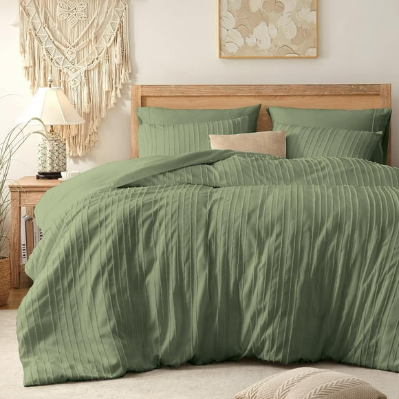 Green Duvet Cover Queen Size – Striped Tufted Queen Duvet Cover Set with Zipper