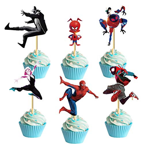 Spiderman Cupcake Toppers,Spider-Man:Into the Spider-Verse Theme Party for Birthday,Baby Shower etc,24 Pcs Cupcake Toppers Includes 6 Styles. 