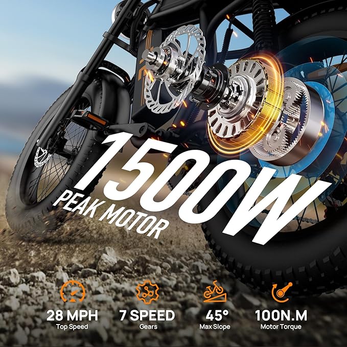 Electric Bike for Adults  20", 750W Peak Motor, 48V 15.4Ah Removable Battery, Max 100Miles Electric Motorcycle, Fat Tire Ebike, Shamano 7-Speed E-Bike, UL2849