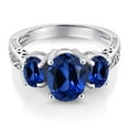 thumbnail image 3 of Gem Stone King 925 Sterling Silver Oval Blue Created Sapphire 3 Stone Engagement Ring for Women (3.51 Cttw, Available in Size 5, 6, 7, 8, 9), 3 of 6