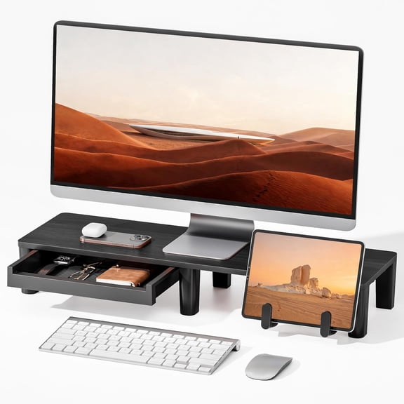 PEGZONE 31.5" Monitor Stand Riser with Storage Drawer, Heavy-Duty Computer Desk Shelf, Adjustable Tablet & Notebook Holder, 110 lb Capacity, Desktop Organizer for PC, Laptop & Home Office, Black