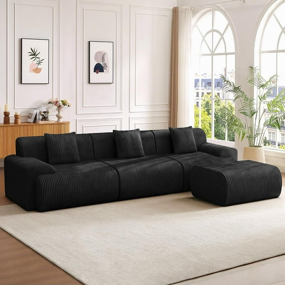 118" Modern L Shaped Modular Sectional Sofa, Boneless Cloud Couch with Ottoman, Oversized Corduroy Couch Deep Seat, 30D Sponge for Living Room