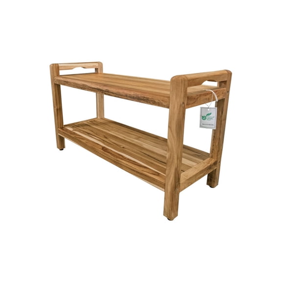 EcoDecors® Eleganto® 35" Teak Wood Shower Bench with LiftAide® Arms and Shelf in EarthyTeak Finish