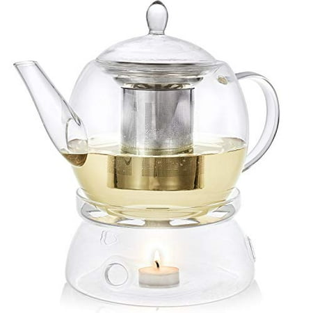 

Teabloom Prague Glass Teapot & Warmer Set – Large 45 oz. / 1350 ml (5-6 Cups) – Premium Borosilicate Glass with Removable Stainless Infuser – Stovetop Safe Kettle – Dripless Spout