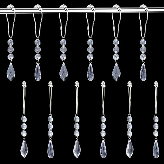 12 Pcs Water Drops Crystal Curtain Rings Curtain Rings with Transparent Acrylic Kite Teardrop Octagon Pendant Clear Shower Curtain Rings for Bathroom Decor Accessories Shower Decor