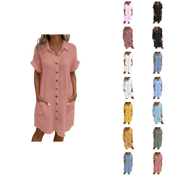Women's Casual Summer Button Down Shirt Dress Short Sleeve Cotton Linen Midi Shift Dress