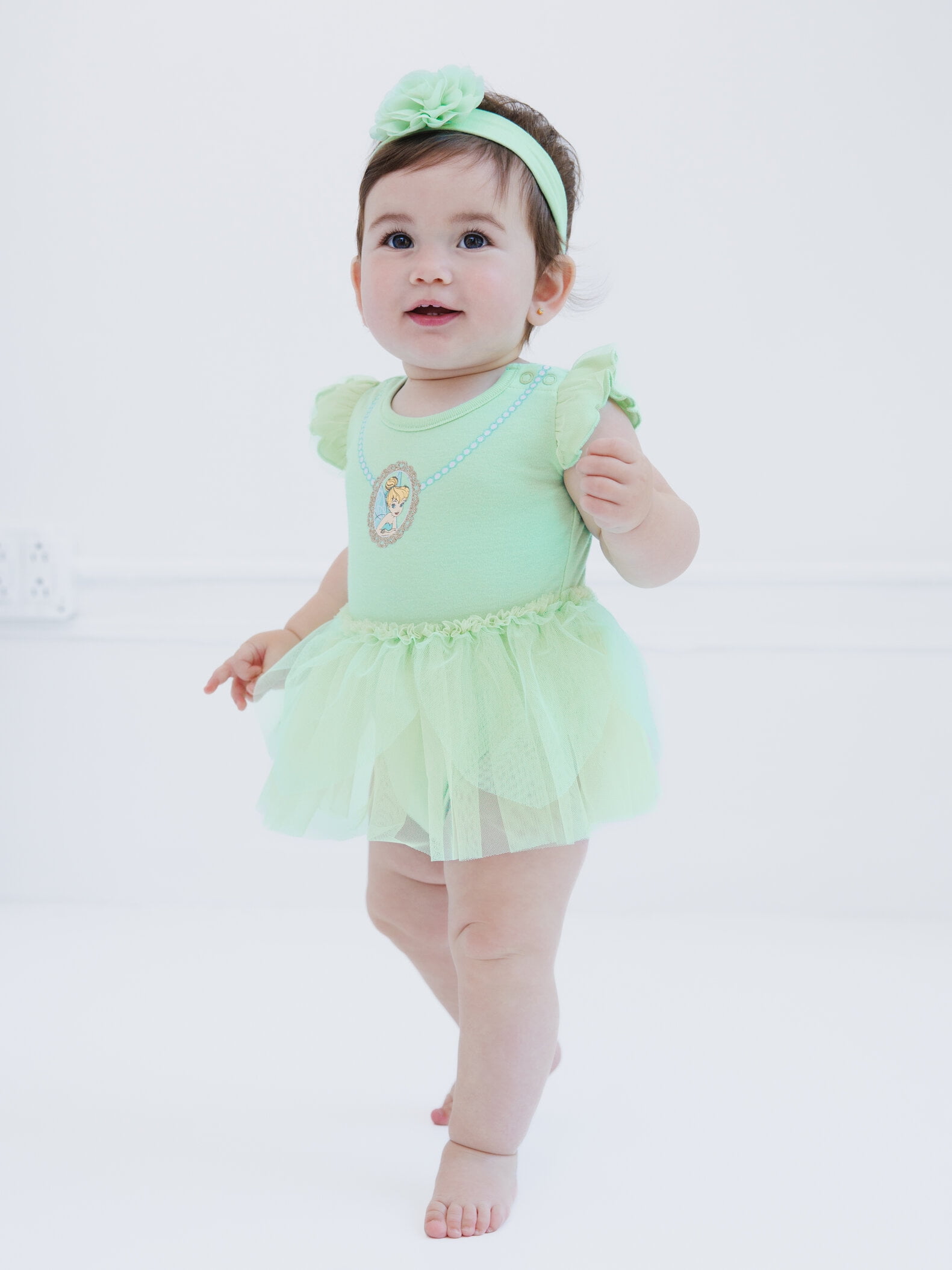 Disney Tinker Bell Cosplay Bodysuit With Skirt Overlay and Headband Outfit Set Newborn to Infant