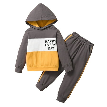 

Kucnuzki 18 Months Baby Boy Winter Outfits Pants Sets 24 Months Long Sleeve Letter Prints Contrast Color Hooded Tops Elastic Pants 2PCS Set Yellow