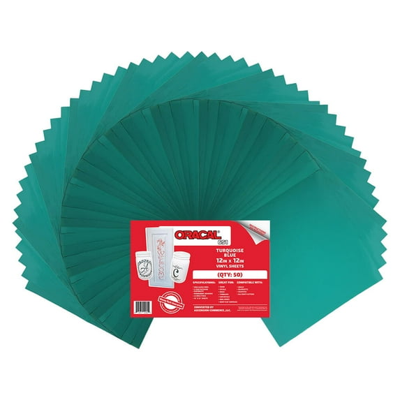 (50) 12" x 12" Sheets - Oracal 651 Turquoise blue Adhesive Craft Vinyl for Cricut, Silhouette, Cameo, Craft Cutters, Printers, and Decals - Matte Finish and Outdoor and Permanent