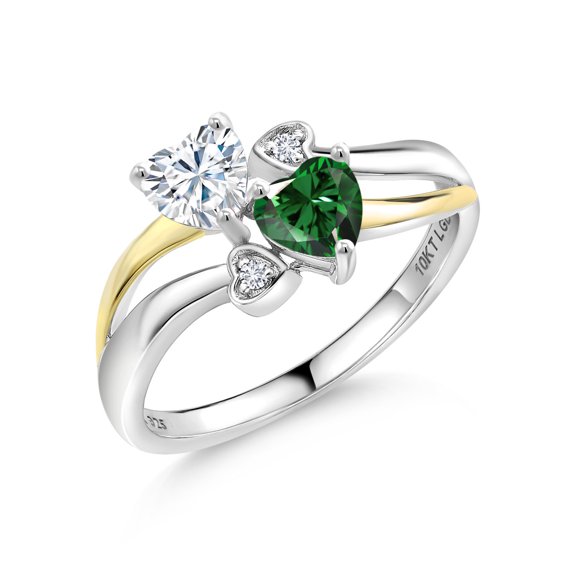 Gem Stone King 925 Silver and 10K Yellow Gold White Moissanite and Green Nano Emerald and White Lab Grown Diamond Ring for Women (0.94 Cttw, Gemstone, Heart Shape 5MM, Size 8)