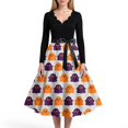 thumbnail image 4 of Halloween Dresses for Women Pumpkin Printed Long Sleeve Scary Tea Length Dress Bone 1950s V-Neck Spooky Dresses with Belt L, 4 of 5