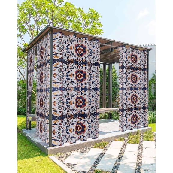 nqOlkjepod Outdoor Curtains for Patio Waterproof, Boho Blue Yellow Outdoor Privacy Panels Grommet, Retro Bohemian Flower Leaf Tribal Blackout Outside Curtains for Porch/Cabana 54"x95", 2 Panels