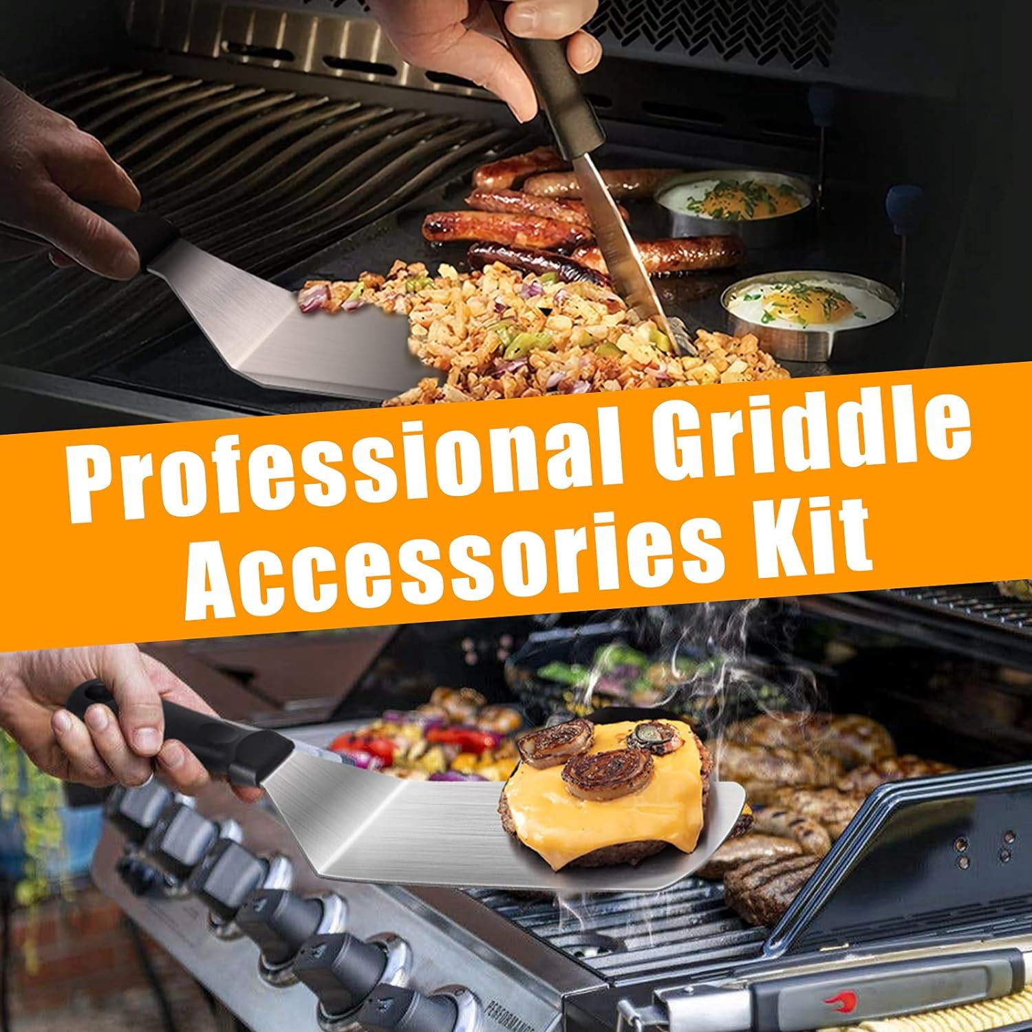 Griddle Accessories,15 Pcs Flat Top Grill Tools kit for Blackstone and Camp,Stainless Steel BBQ Accessories with Spatula, Basting Cover,Tongs,Egg Mold & Carry Bag for Outdoor BBQ Teppanyaki