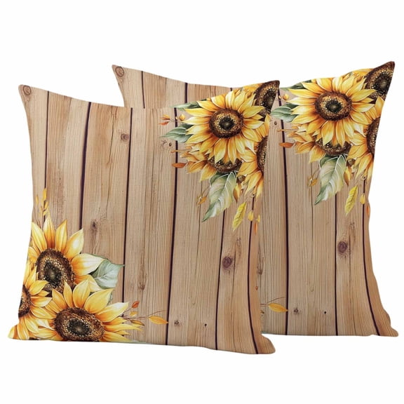 2 Pack Outdoor Waterproof Throw Pillow Covers,Spring Watercolor Sunflower Farm Wood Board Decorative Patio Pillowcases for Chair Couch Sofa 16x16in