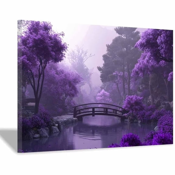 Mudket Framed,Canvas Wall Art,Ready to Hang, Purple Garden Bridge Pond Floral Canvas Print, Zen Botanical Wall Decor, Relaxing Wall Pictures for Bedroom Living Room Office Decor - 12"L x 8"W
