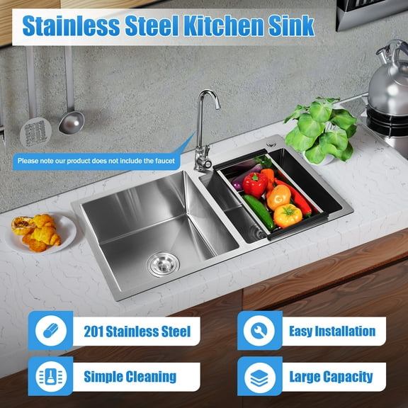 Stainless Steel Drop-in Kitchen Sink, Double Bowl Sink with Drain Basket for Laundry Rooms, Basement