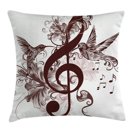 Music Decor Throw Pillow Cushion Cover, Cute Floral Design with Treble Clef and Singing Flying Birds Sparrows Artwork, Decorative Square Accent Pillow Case, 16 X 16 Inches, Red Brown, by