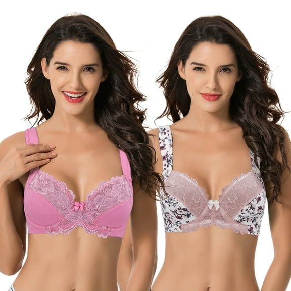 Curve Muse Women's Plus Size Unlined Underwire Lace Bra with Cushion Straps-2PK-Cream/Pink/Gray,Pink-34B